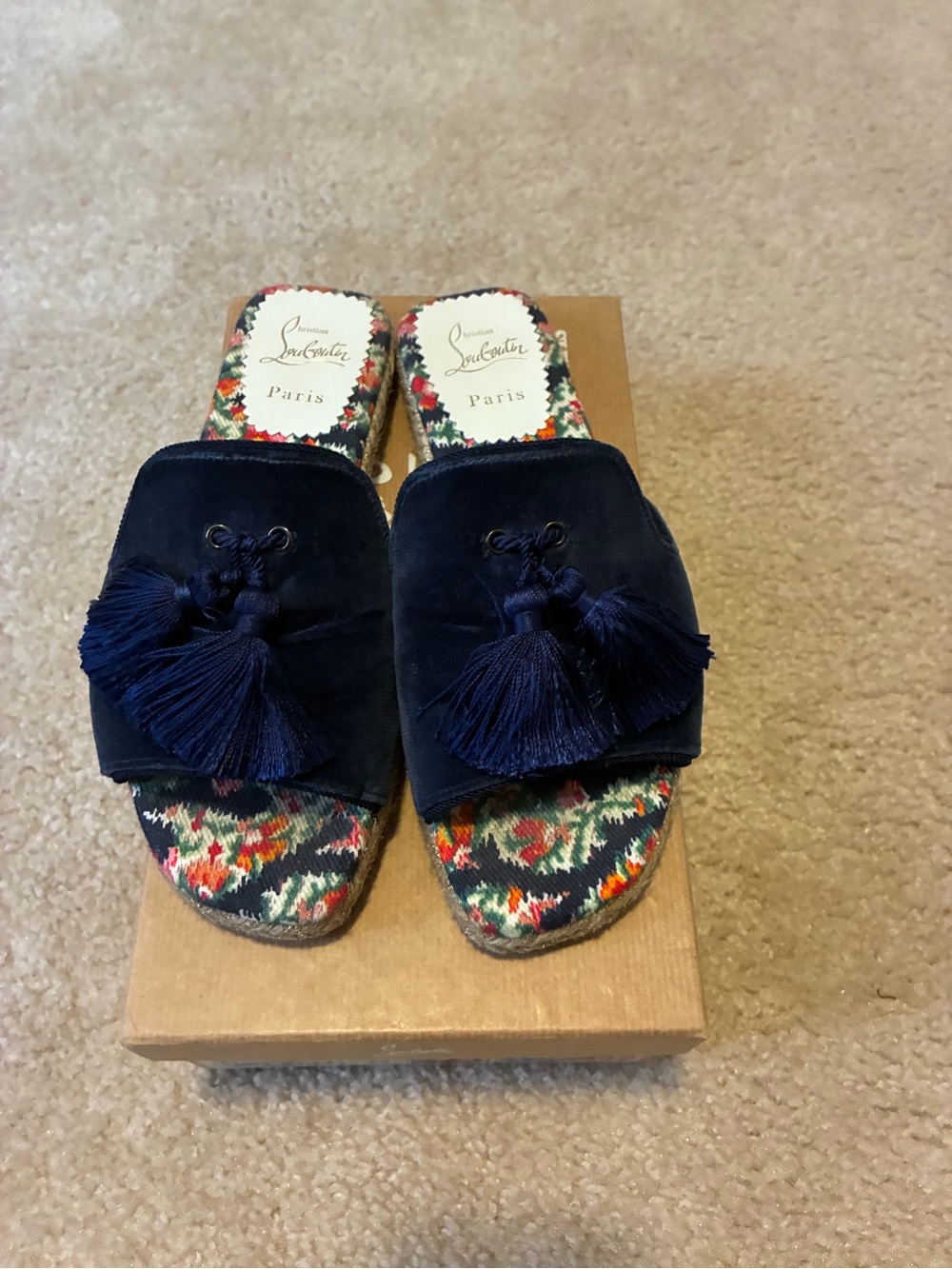 Christian Louboutin Navy Tassel Velvet Slide Mules with Multicolor Insole